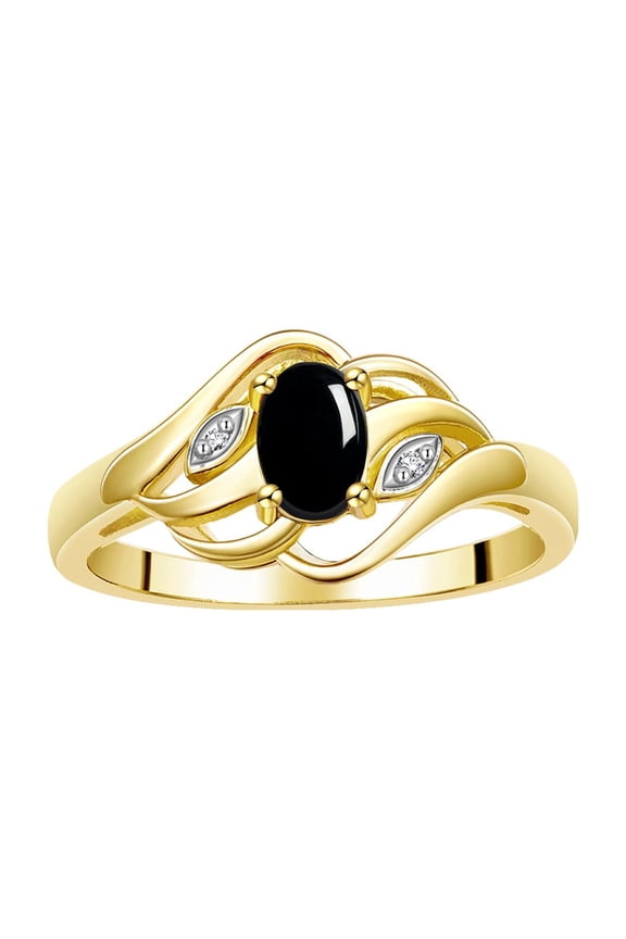 Rings for Women 14K Gold Plated Silver Ring Classic Style Birthstone Ring 6X4MM Gemstone &  Diamonds Cabochon Onyx Jewelry for Women Size 6