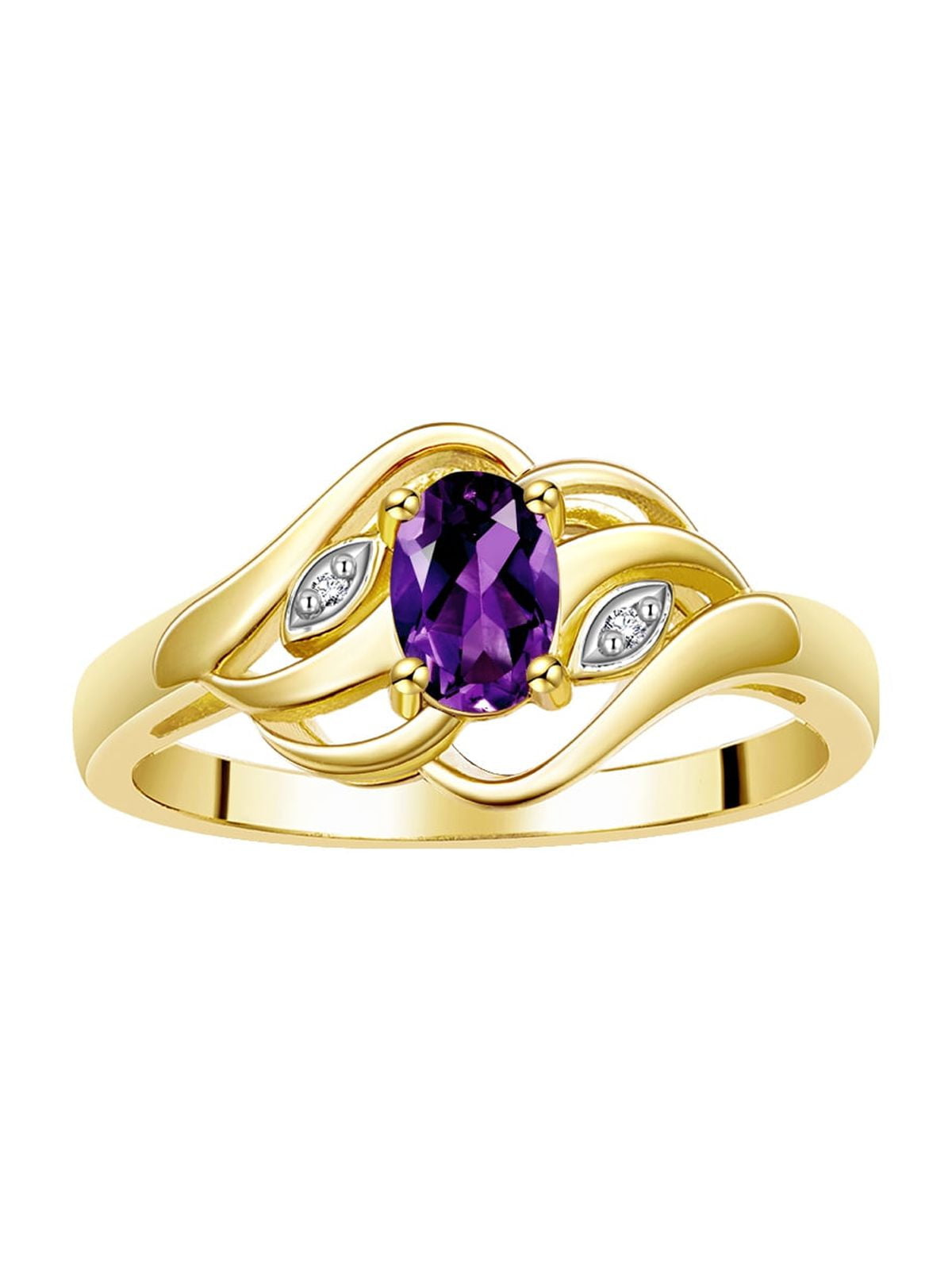 RYLOS Rings for Women 14K Gold Plated Silver Ring Classic Style Birthstone Ring 6X4MM Gemstone & Diamonds February Amethyst Jewelry for Women Size 10