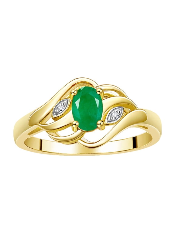 Rings for Women 14K Gold Plated Silver Ring Classic Style Birthstone Ring 6X4MM Gemstone & Diamonds May Emerald Jewelry for Women Size 6