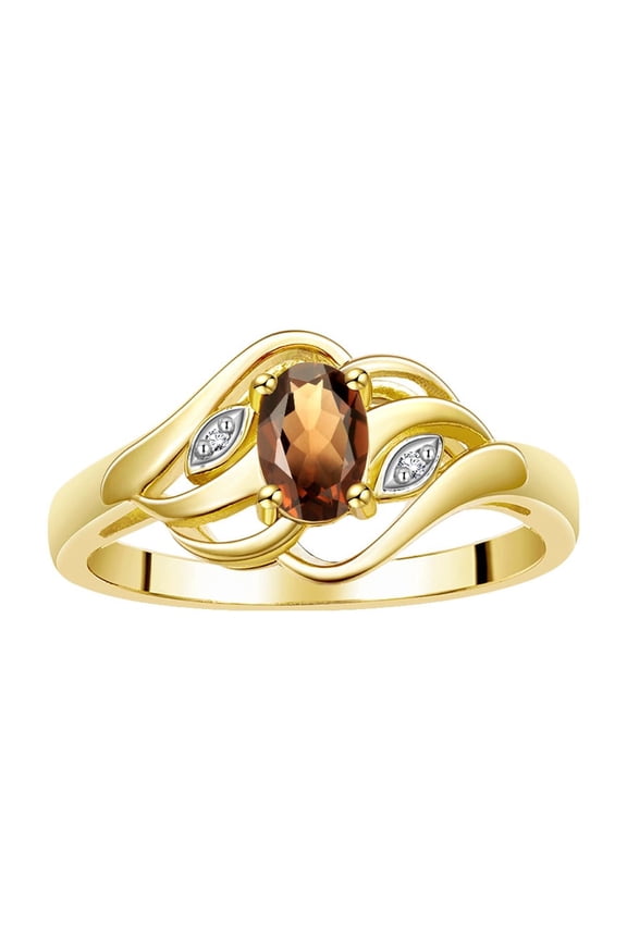 Rings for Women 14K Gold Plated Silver Ring Classic Style Birthstone Ring 6X4MM Gemstone & Diamonds Smoky Quartz Jewelry for Women Size 7