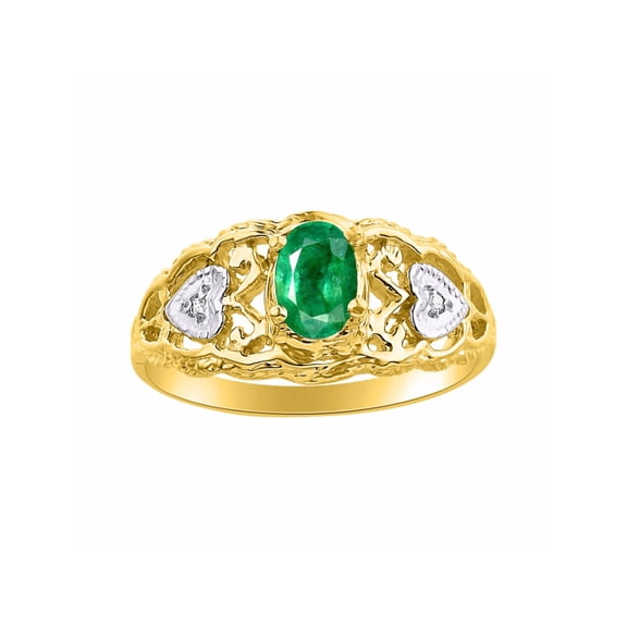 RYLOS Rings for Women 14K Gold Plated Silver Ring Filigree Heart Birthstone Ring 6X4MM Gemstone &  Diamonds May Emerald Jewelry for Women Size 10