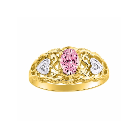 RYLOS Rings for Women 14K Gold Plated Silver Ring Filigree Heart Birthstone Ring 6X4MM Gemstone & Diamonds October Pink Ice Jewelry for Women Size 9