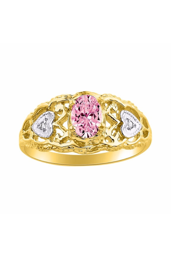 Rings for Women 14K Gold Plated Silver Ring Filigree Heart Birthstone Ring 6X4MM Gemstone & Diamonds October Pink Ice Jewelry for Women Size 9