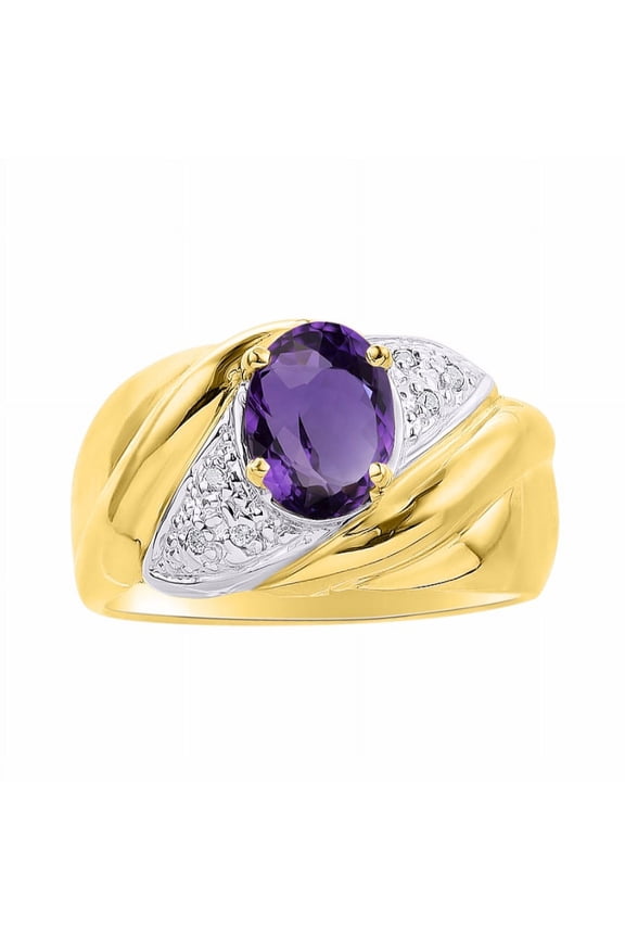 Rings for Women 14K Gold Plated Silver Ring Oval 8X6MM Gemstone & Diamonds Classic Design February Amethyst Jewelry for Women Size 5