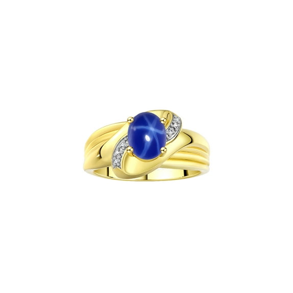 RYLOS Rings for Women 14K Gold Plated Silver Ring Oval 9X7MM Gemstone & Diamonds Classic Design Blue Star Sapphire Jewelry for Women Size 7