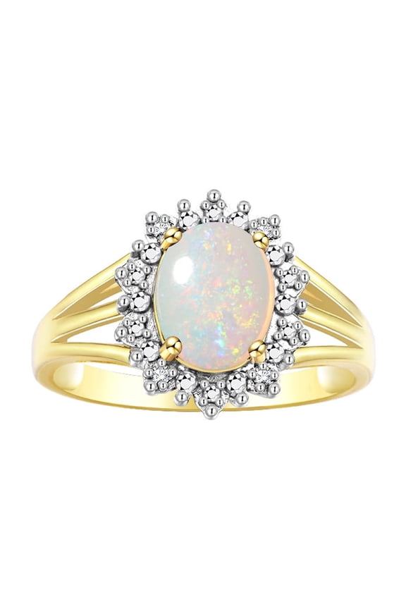 Rings for Women 14K Gold Plated Silver Ring Princess Diana Inspired 9X7MM Gemstone & Halo of Diamonds October Opal Jewelry for Women Size 10