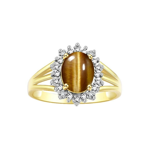 RYLOS Rings for Women 14K Gold Plated Silver Ring Princess Diana Inspired 9X7MM Gemstone & Halo of Diamonds Tiger Eye Jewelry for Women Size 7