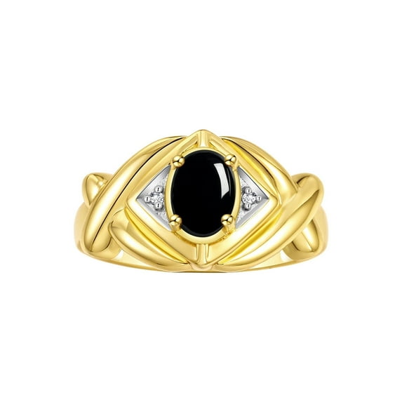RYLOS Rings for Women 14K Gold Plated Silver Ring XOXO Hugs & Kisses 7X5MM Gemstone & Diamond Cabochon Onyx Jewelry Size 7