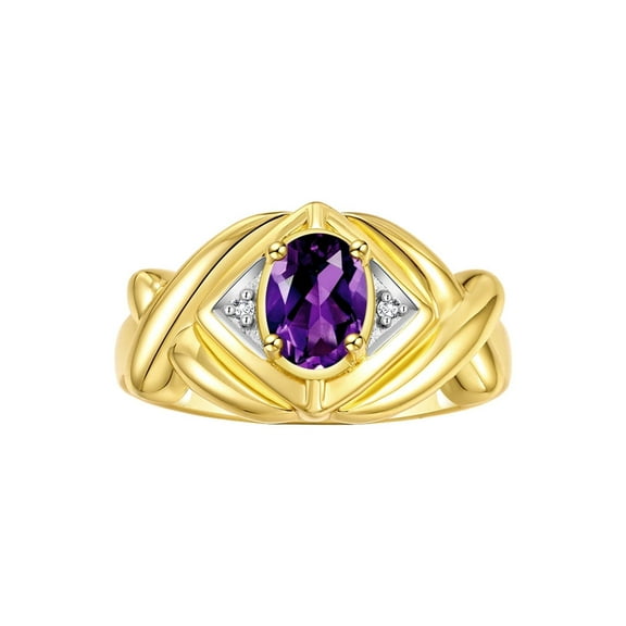 RYLOS Rings for Women 14K Gold Plated Silver Ring XOXO Hugs & Kisses 7X5MM Gemstone & Diamond February Amethyst Jewelry Size 5