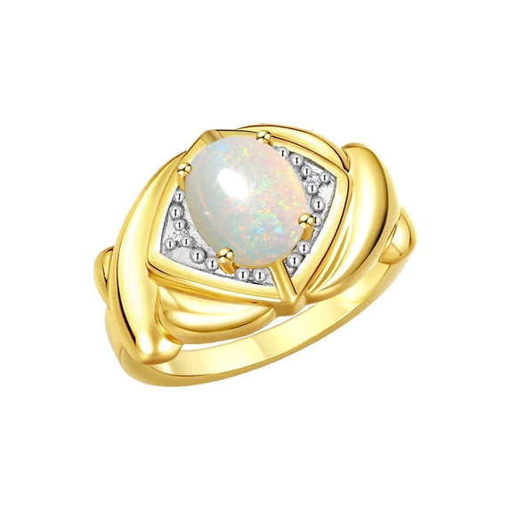 RYLOS Rings for Women 14K Gold Plated Silver Ring XOXO Hugs & Kisses 9X7MM Gemstone & Diamond Ring October Opal Jewelry for Women Size 8
