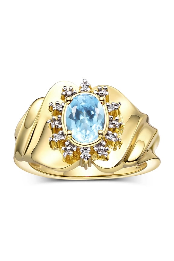 Rings for Women 14K Gold Plated Silver Ring with Oval 7X5MM Gemstone & Sparkling Diamonds December Blue Topaz Jewelry Size 6