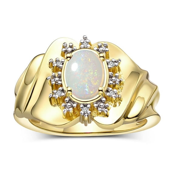 RYLOS Rings for Women 14K Gold Plated Silver Ring with Oval 7X5MM Gemstone & Sparkling Diamonds Exotic Opal African Jewelry Size 5