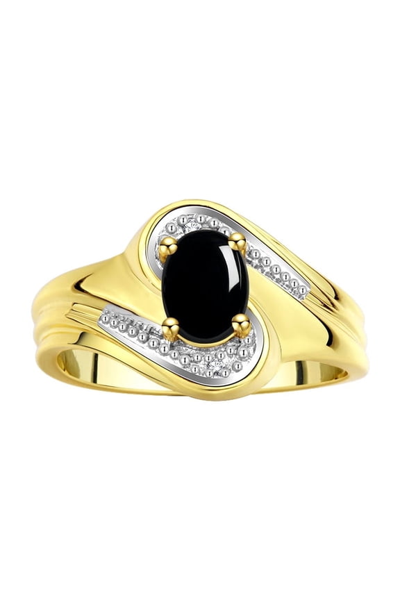 Rings for Women 14K Gold Plated Silver Swirl Ring with 7X5MM Oval Gemstone & Diamond Ring Cabochon Onyx Jewelry Size 5