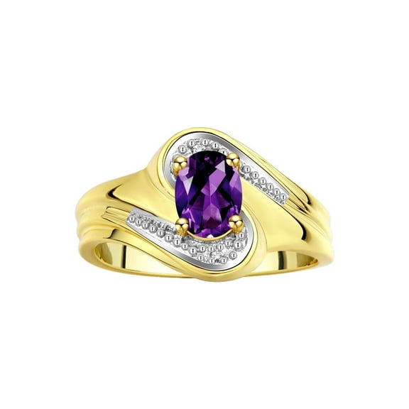 RYLOS Rings for Women 14K Gold Plated Silver Swirl Ring with 7X5MM Oval Gemstone & Diamond Ring February Amethyst Jewelry Size 5
