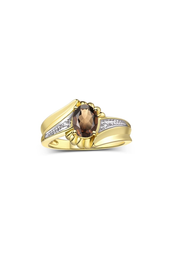 Rings for Women 14K Gold Plated Silver Swirl Z Ring 7X5MM Oval Gemstone & Diamond Rings June Smoky Quartz Jewelry Size 10
