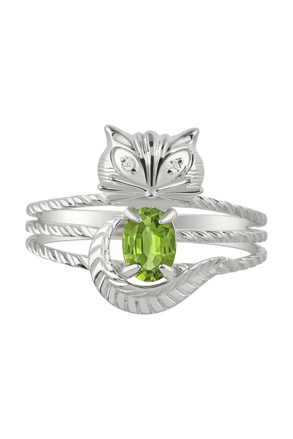 Rings for Women 14K White Gold CAT Ring Oval 7X5MM Gemstone & Sparkling Diamonds August Peridot Jewelry Size 5