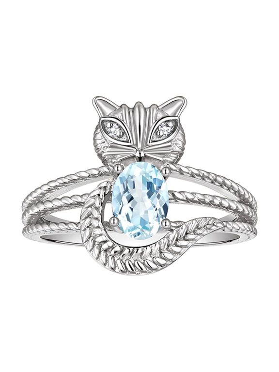 Rings for Women 14K White Gold CAT Ring Oval 7X5MM Gemstone & Sparkling Diamonds March Aquamarine Jewelry Size 10