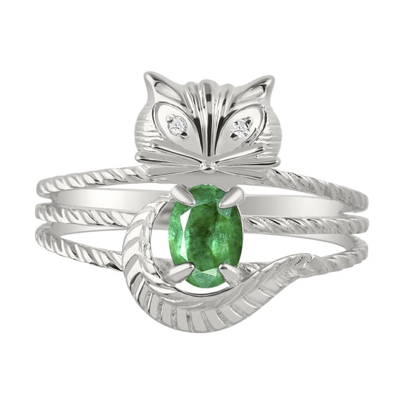 RYLOS Rings for Women 14K White Gold CAT Ring Oval 7X5MM Gemstone & Sparkling Diamonds May Emerald Jewelry Size 7