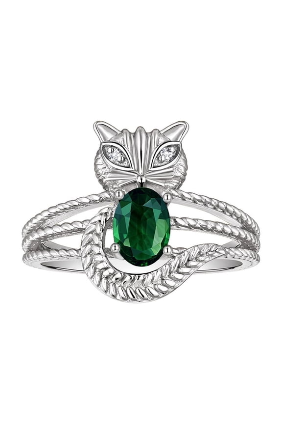 Rings for Women 14K White Gold CAT Ring Oval 7X5MM Gemstone & Sparkling Diamonds September Green Sapphire Jewelry Size 7