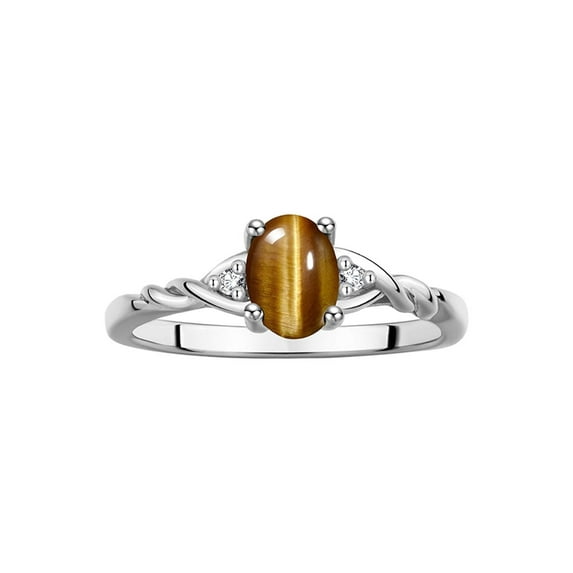 RYLOS Rings for Women 14K White Gold Classic Style Birthstone Ring 7X5MM Oval Gemstone & Diamonds November Tiger Eye Jewelry for Women Size 6