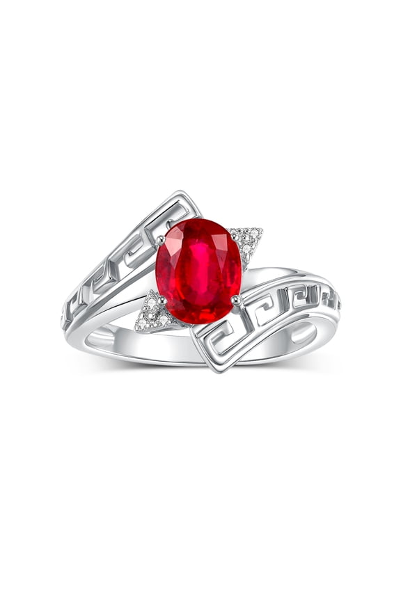 Rings for Women 14K White Gold Greek Key Designer Ring 9X7MM Gemstone & Diamond Ring July Ruby Jewelry Size 9