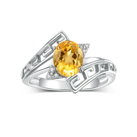 RYLOS Rings for Women 14K White Gold Greek Key Designer Ring 9X7MM Gemstone & Diamond Ring November Citrine Jewelry Size 10