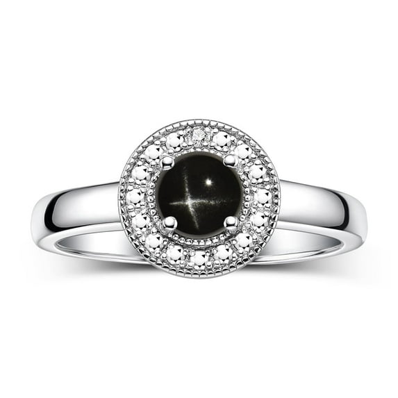 RYLOS Rings for Women 14K White Gold Halo Ring with Round 4MM Gemstone & Diamonds Black Star Sapphire Jewelry Size 9