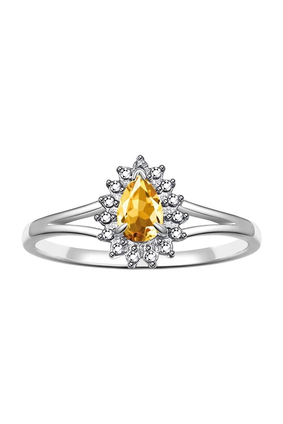 Rings for Women 14K White Gold Halo of Diamonds Birthstone Ring 6X4MM Pear Tear Drop Gemstone November Citrine Jewelry for Women Size 5