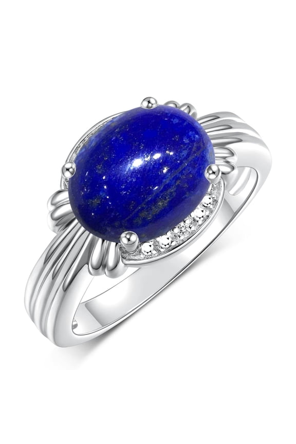 Rings for Women 14K White Gold Ring 12X10MM Gemstone & Diamonds Great Ring for Middle or Pointer Finger September Lapis Jewelry Size 5