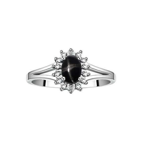 RYLOS Rings for Women 14K White Gold Ring Classic Halo Diamond Birthstone Ring 6X4MM Oval Black Star Sapphire Jewelry for Women Size 8