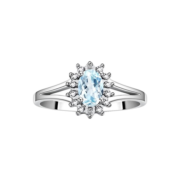 RYLOS Rings for Women 14K White Gold Ring Classic Halo Diamond Birthstone Ring 6X4MM Oval March Aquamarine Jewelry for Women Size 9