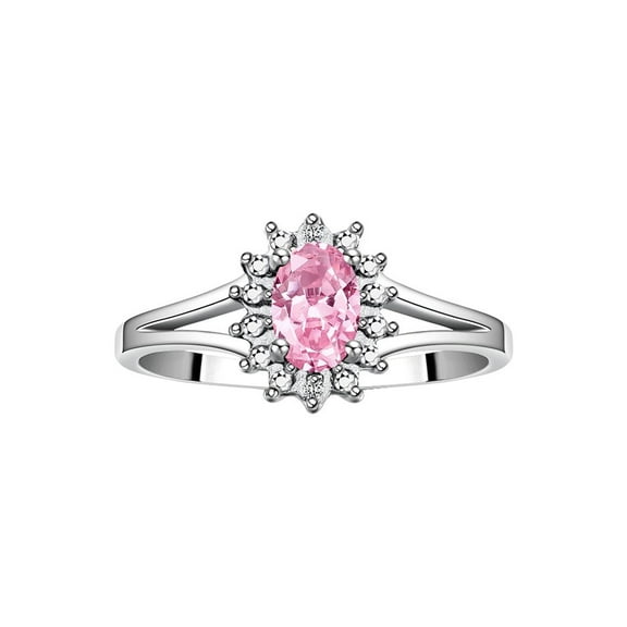 RYLOS Rings for Women 14K White Gold Ring Classic Halo Diamond Birthstone Ring 6X4MM Oval October Pink Ice Jewelry for Women Size 10