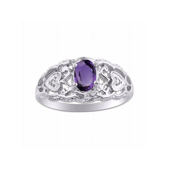 RYLOS Rings for Women 14K White Gold Ring Filigree Heart Birthstone Ring 6X4MM Gemstone & Diamonds February Amethyst Jewelry for Women Size 5