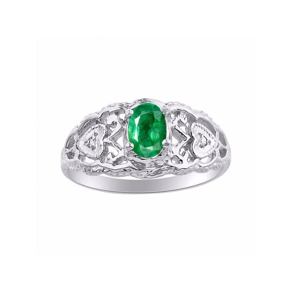 RYLOS Rings for Women 14K White Gold Ring Filigree Heart Birthstone Ring 6X4MM Gemstone & Diamonds May Emerald Jewelry for Women Size 7