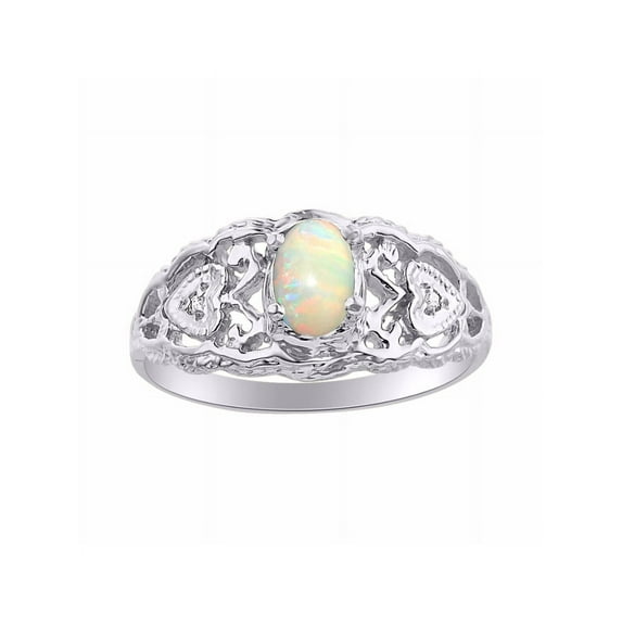 RYLOS Rings for Women 14K White Gold Ring Filigree Heart Birthstone Ring 6X4MM Gemstone & Diamonds Opal African Jewelry for Women Size 8