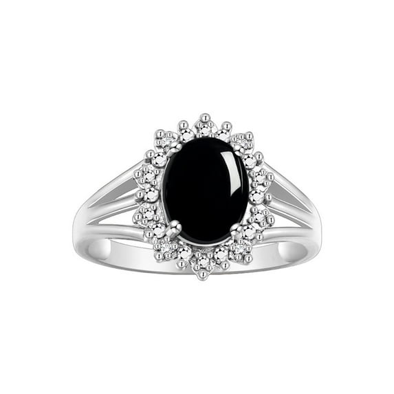 RYLOS Rings for Women 14K White Gold Ring Princess Diana Inspired 9X7MM Gemstone & Halo of Diamonds October Cabochon Onyx Jewelry for Women Size 10