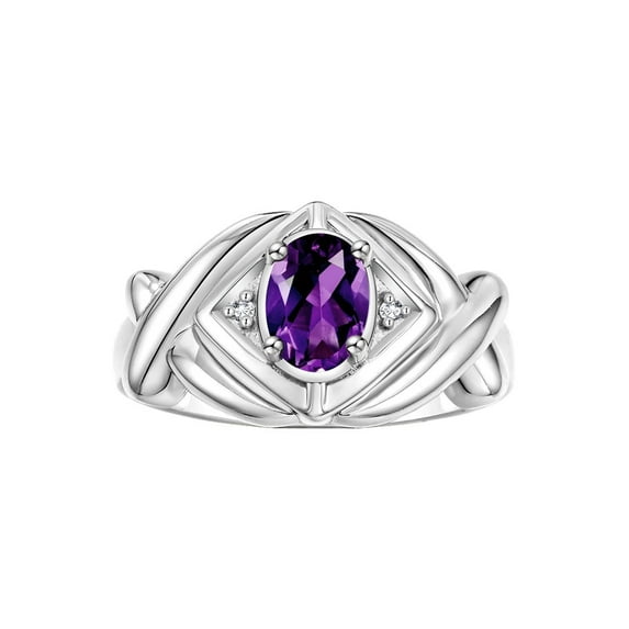 RYLOS Rings for Women 14K White Gold Ring XOXO Hugs & Kisses 7X5MM Gemstone & Diamond Ring February Amethyst Jewelry Size 9