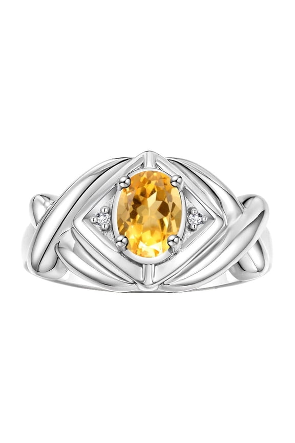 Rings for Women 14K White Gold Ring XOXO Hugs & Kisses 7X5MM Gemstone & Diamond Ring November Citrine Jewelry Size 6
