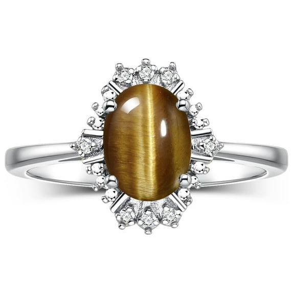RYLOS Rings for Women 14K White Gold Ring with 7X5MM Oval Gemstone & Sparkling Diamonds November Tiger Eye Jewelry Size 9