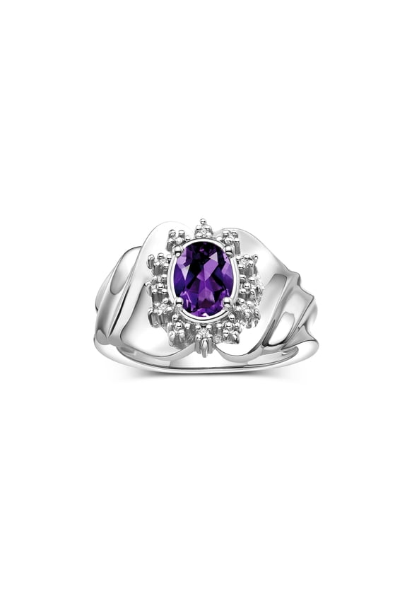 Rings for Women 14K White Gold Ring with Oval 7X5MM Gemstone & Sparkling Diamonds February Amethyst Jewelry Size 6