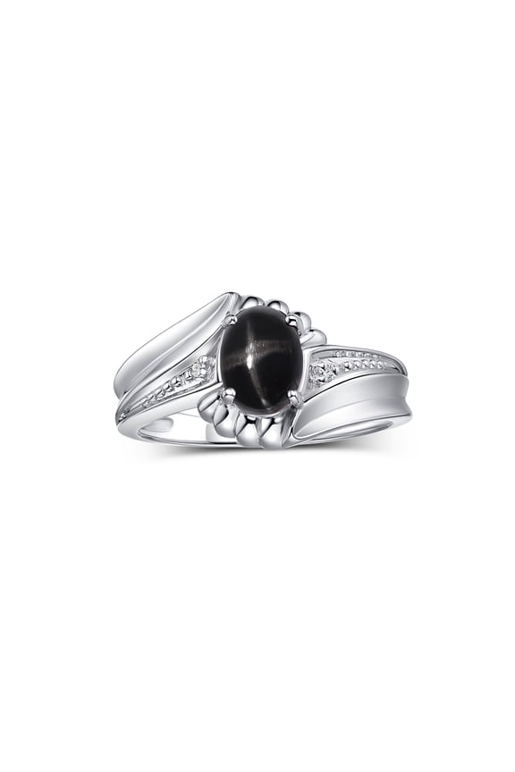 Rings for Women 14K White Gold Swirl Z Ring 7X5MM Oval Gemstone & Diamond Rings Black Star Sapphire Jewelry Size 8