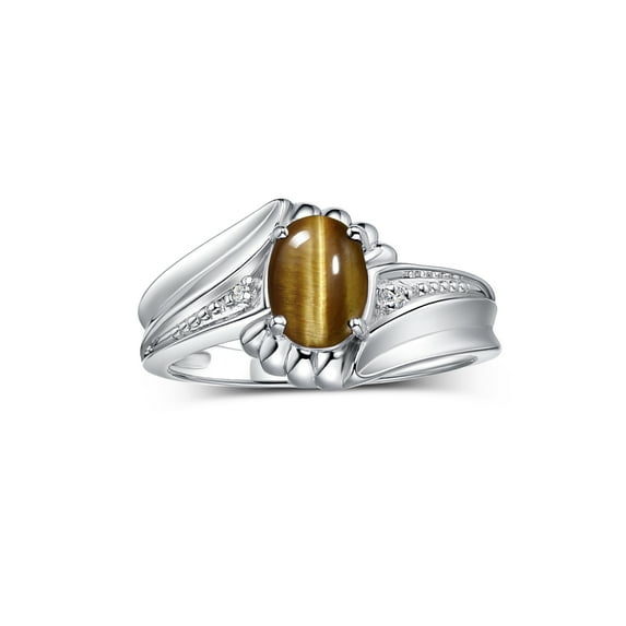 RYLOS Rings for Women 14K White Gold Swirl Z Ring 7X5MM Oval Gemstone & Diamond Rings November Tiger Eye Jewelry Size 5