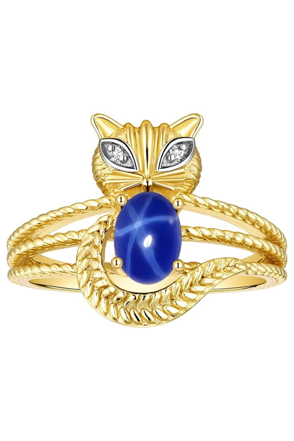Rings for Women 14K Yellow Gold CAT Ring Oval 7X5MM Gemstone & Sparkling Diamonds Blue Star Sapphire Jewelry Size 8