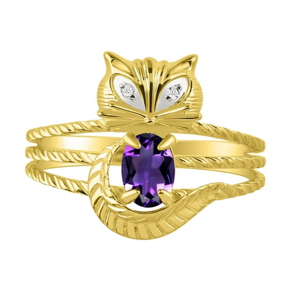 RYLOS Rings for Women 14K Yellow Gold CAT Ring Oval 7X5MM Gemstone & Sparkling Diamonds February Amethyst Jewelry Size 5