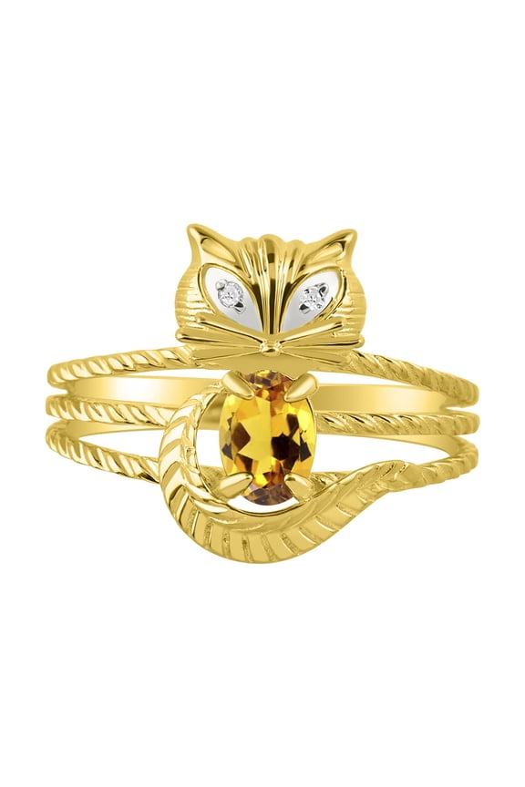Rings for Women 14K Yellow Gold CAT Ring Oval 7X5MM Gemstone & Sparkling Diamonds November Citrine Jewelry Size 5