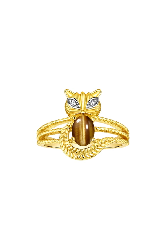 Rings for Women 14K Yellow Gold CAT Ring Oval 7X5MM Gemstone & Sparkling Diamonds November Tiger Eye Jewelry Size 11