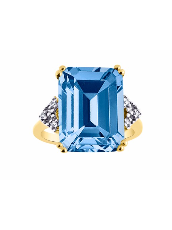 Rings for Women 14K Yellow Gold Designer 16X12MM Emerald Cut Gemstone & Diamond Ring December Blue Topaz Jewelry Size 13