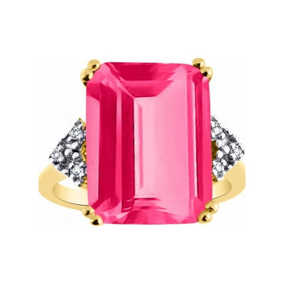RYLOS Rings for Women 14K Yellow Gold Designer 16X12MM Emerald Cut Gemstone & Diamond Ring October Pink Tourmaline Jewelry Size 5