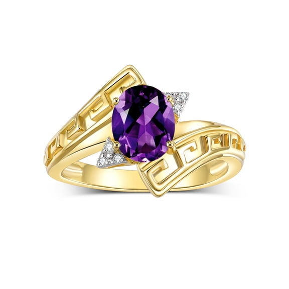 RYLOS Rings for Women 14K Yellow Gold Greek Key Designer Ring 9X7MM Gemstone & Diamond Ring February Amethyst Jewelry  Size 5
