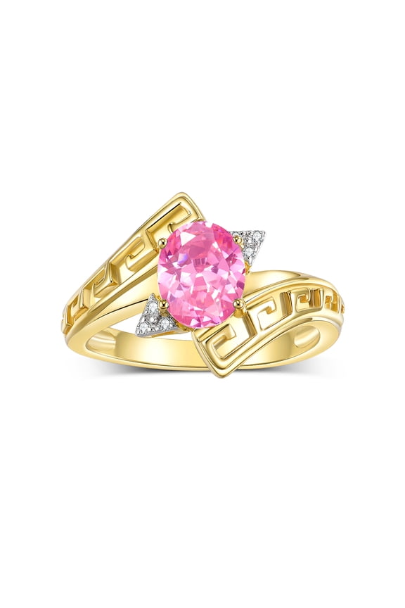 Rings for Women 14K Yellow Gold Greek Key Designer Ring 9X7MM Gemstone & Diamond Ring October Pink Ice Jewelry  Size 10